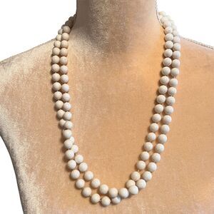 Long Knotted Round Bead Necklace Ivory 28" Wear Double Or Single Wrap Vintage